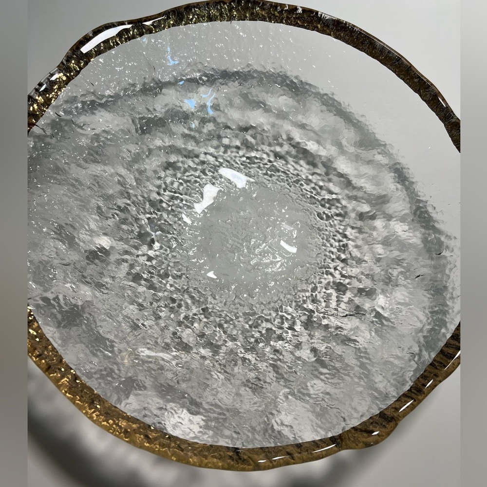 IVV CRYSTAL GLACIER ROUND CENTERPIECE BOWL 13" GOLD TRIM CLEAR TEXTURED ITALY